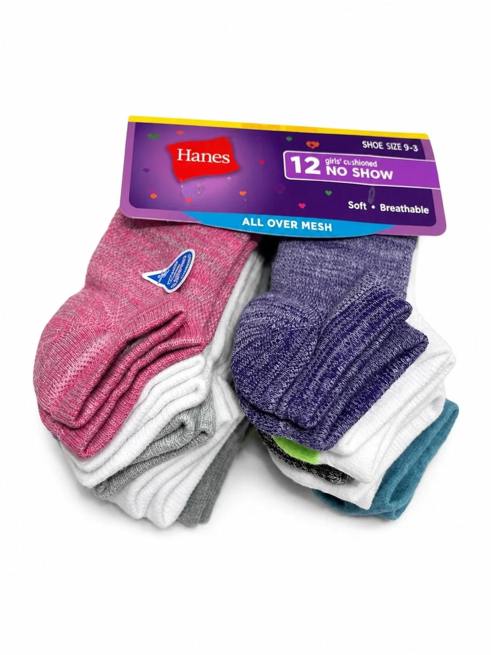 Hanes Girls 12-Pack Cushioned No Show Socks Shoe Size 10 1/2 -4 Soft Breathable